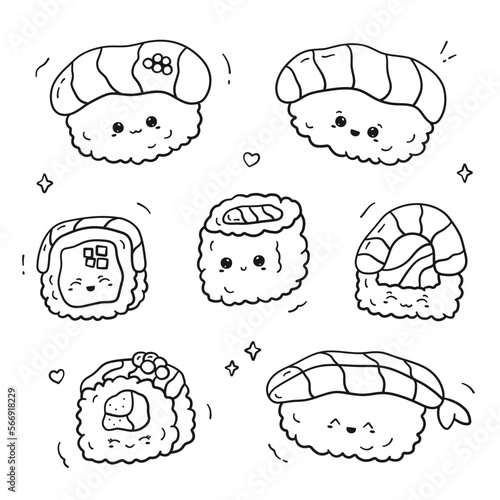 Set of linear kawaii sushi and rolls. Coloring book of cute asian food with funny and happy face in doodle style. Vector illustration