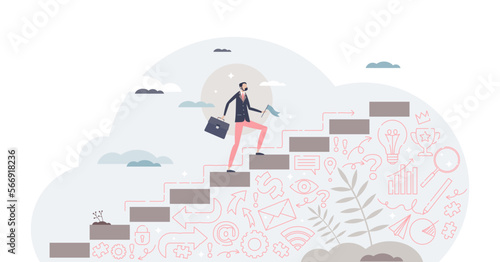 Business success as leader climbing achievement steps tiny person concept, transparent background. Company progress, development and performance growth with self aspiration.