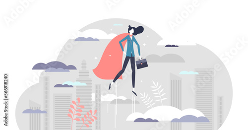 Business woman superhero as powerful female leader job tiny person concept, transparent background. Strength and confidence in symbolic leadership illustration. Professional career achievement.
