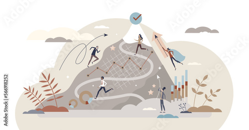 Career development and effective professional progress tiny person concept, transparent background. Confidence and determination strategy for job raise and top reaching illustration.