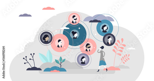 Connected relationships illustration, transparent background. Mutual contacts network in flat tiny persons concept. Social acquaintance team as business partner group.