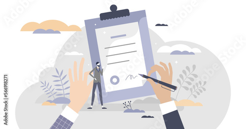 Contract document sign moment as legal purchase deal approvement tiny person concept, transparent background. Business decision agreement with signature for company illustration.
