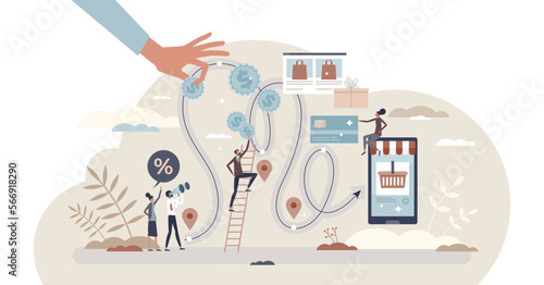 Customer journey research with client purchase process tiny person concept, transparent background.Action steps with offer searching to shopping and paying stages illustration.