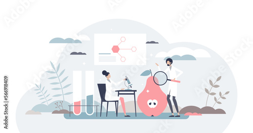 Food biology research with plant examination and analysis tiny person concept, transparent background. Product testing under microscope to learn about its safety.