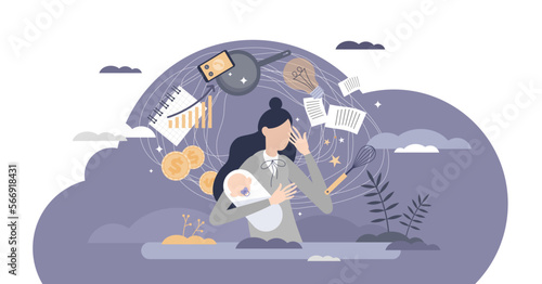 Frustrated, busy and tired mom with household duties, work and child raising tiny person concept, transparent background.