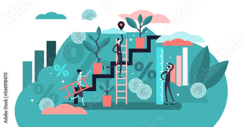 Growth illustration, transparent background. Flat tiny increased economical persons concept. Percent rate measurement in real gross domestic product.