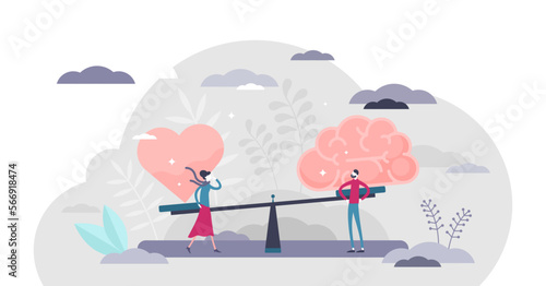 Gut instincts illustration, transparent background. Brain vs heart flat tiny persons concept. Symbolic creative scene with seesaw and love in one side and practical in opposite.