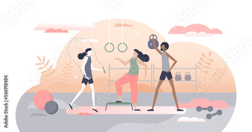 Gym fitness with fit workout activity and sport exercise tiny person concept, transparent background. Physical indoor activity for health, strength or good shape illustration. Athletic body gain.