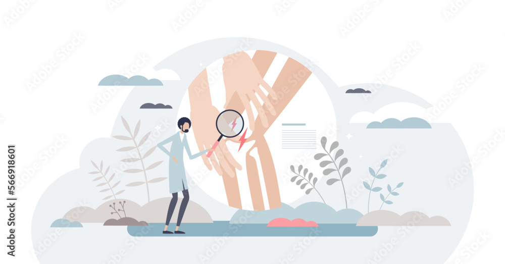 Knee pain with leg bone joint injury or inflammation tiny person concept, transparent background. Physical trauma examination and health problem that hurts and needs doctor diagnosis, therapy.