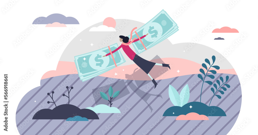Money freedom and financial independence concept, flat tiny rich person illustration, transparent background. Woman flying with cash wings and lifting up to the top of the success.