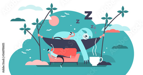 Laziness illustration, transparent background. Flat tiny sleepy animal and persons concept. Comfortable sofa and exhausted businessman laying near mammal sloth. Compared tired human and wildlife.
