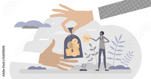 Lending money and finance loan payment receive from bank tiny person concept, transparent background. Borrow cash from rich company in economical crisis situation with need for credit illustration.
