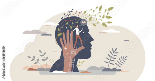 Mental boost and self push as motivation mind power tiny person concept, transparent background. Increase brain efficiency and capability with full psychological potential illustration.