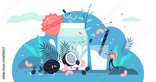 Vegan milk illustration, transparent background. Flat tiny lactose free drink persons concept. Organic and healthy cow beverage alternative. Vegetarian almond, oat, rice, soya and hazelnut water.