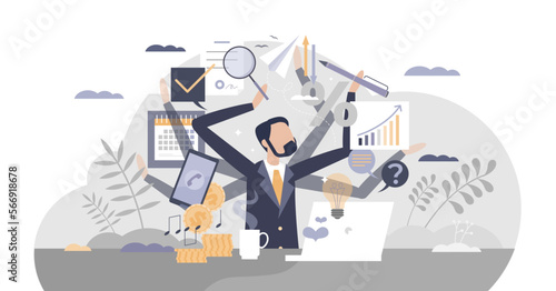 Multitasking work and private life as combine many job duties and tasks tiny person concept, transparent background. Workload efficiency under pressure or stress management illustration.