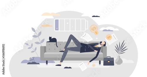 Napping and sleeping on couch to recharge human battery tiny person concept, transparent background. Low power for businessman and tired or exhausted indicator illustration.