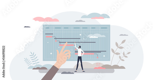 Project milestones tracking and progress period control tiny person concept, transparent background. Timeline chart with tasks and deadline report as visual process flow visualization illustration.