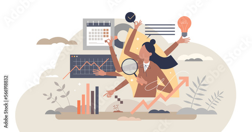 Project management skills with effective multitasking tiny person concept, transparent background. Female business scene.