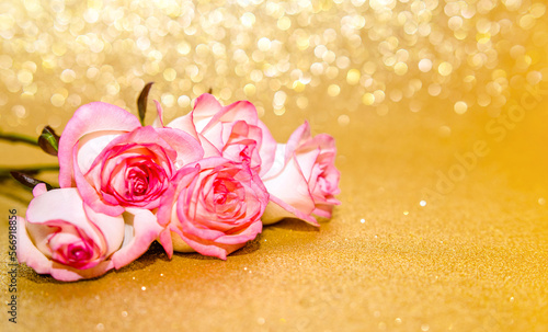 Pink rose on a shiny gold background 