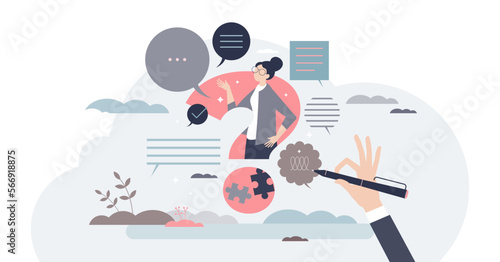 Research information with fact check or analytic approach tiny person concept, transparent background. Find data about solution and answers to question illustration.