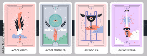 The Minor Arcana ace of wands, pentacles, cups and swords. Hand-draw vector illustration. Eps 10.