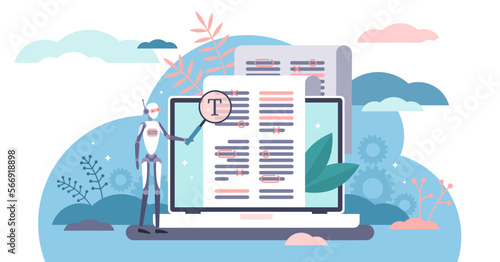 Robot proofreading flat tiny bot person concept illustration, transparent background. Copy writing automation technology. Modern AI algorithm online editing service.