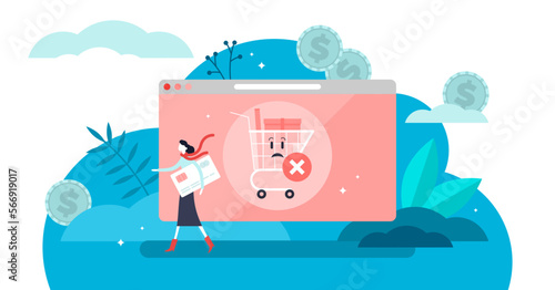 Abandoned card illustration, transparent background. Flat tiny cancel purchase persons concept. Lack of buy motivation scene with left full cart as PIN forgotten or insufficient funds reason.
