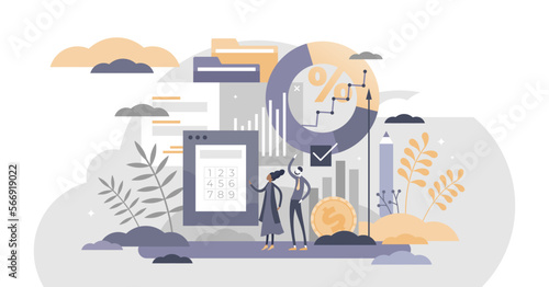 Accounting as money profit and bills balance occupation flat tiny person concept, transparent background. Economical analysis for business illustration.
