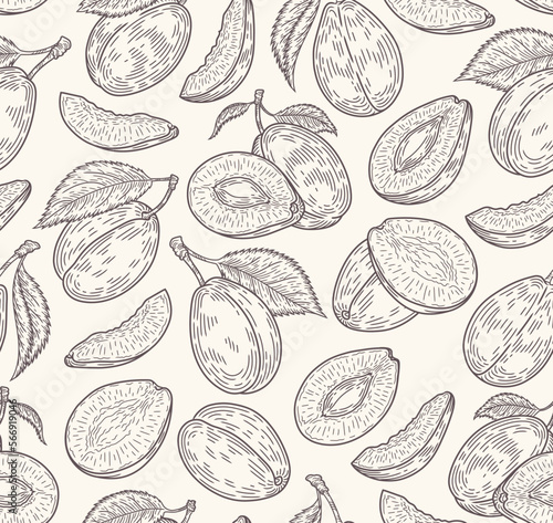 Plum seamless pattern on a beige background. Plum sketch. Ripe plum. Summer fruit background. Great for labels  posters  print.