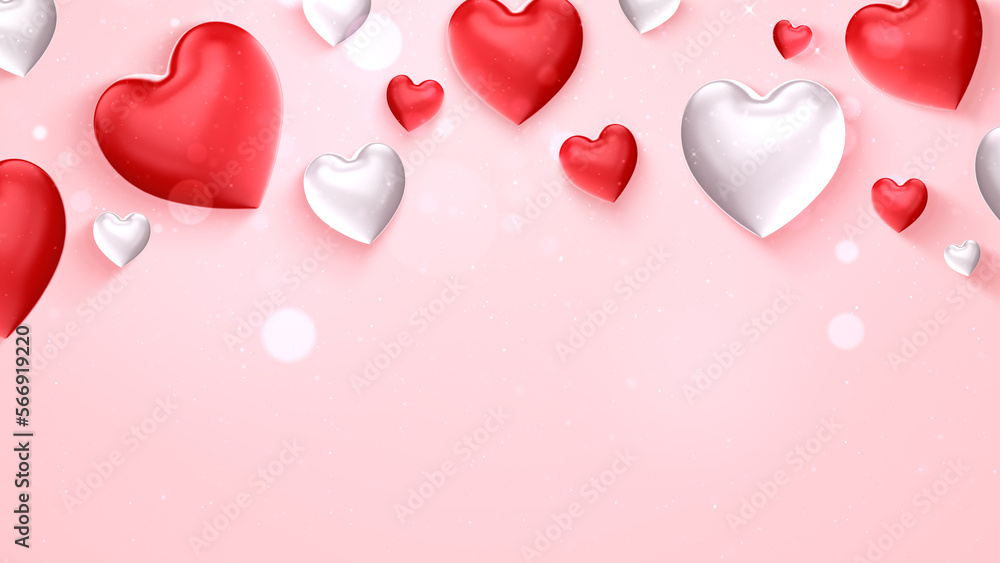 Valentine greeting card with heart and particle on pink background with copyspace.