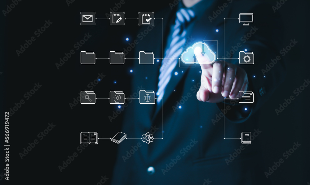 Businessman touch on cloud computing diagram show on hand. Cloud technology. Data storage, data transfer, Networking and internet service concept, technology internet storage network. Businessman touch on cloud computing diagram show on hand. Cloud technology. Data storage, data transfer, Networking and internet service concept, technology internet storage network.
