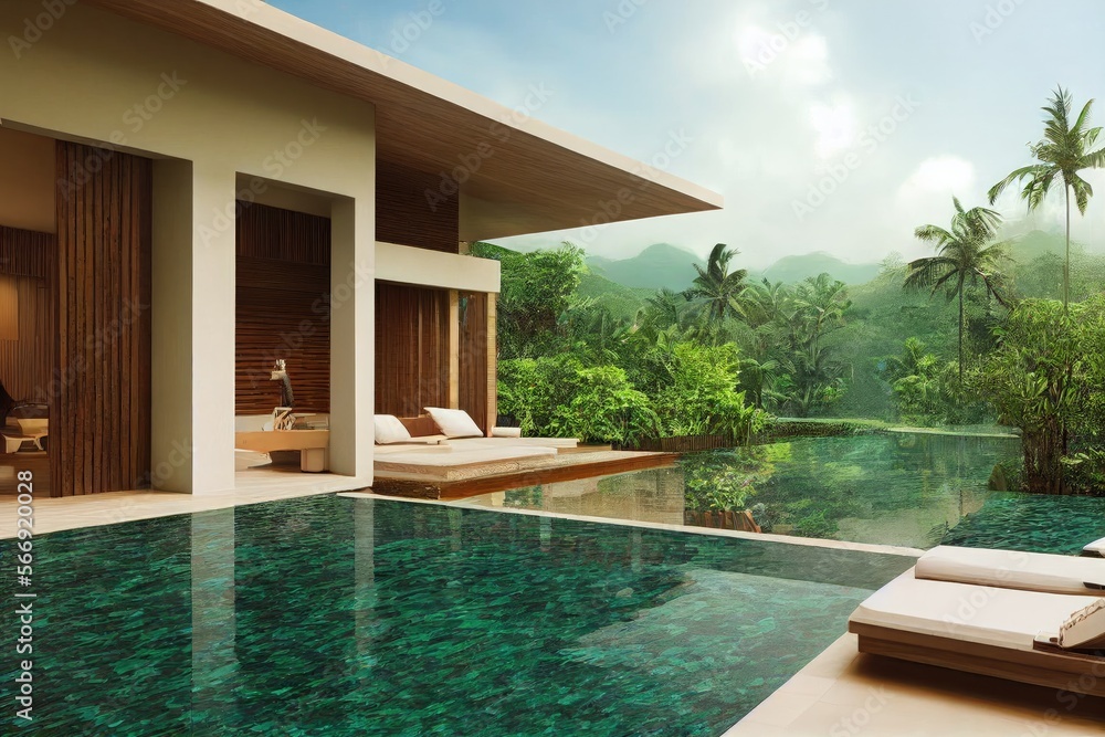 Fototapeta premium Luxury with tropical Jungle villa resort luxurious swimming pool. Generative AI illustration