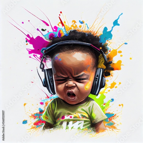 Colorful cartoon drawing of cute whining baby with headphones, Ai generated