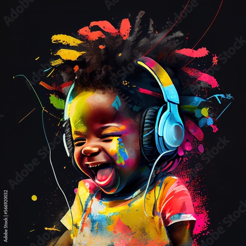 Colorful drawing of cute happy baby with headphones, Ai generated