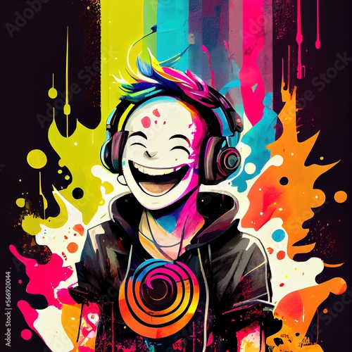Happy laughing dj, abstract colorful illustration. Generative art