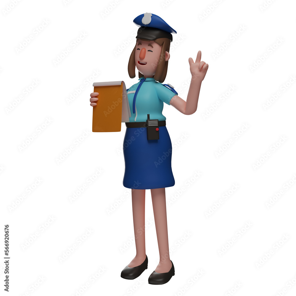 3D illustration. 3D Cartoon Design of Happy Face Police Woman holding notebook. showing a smiling facial expression. with hands pointing upwards. 3D Cartoon Character 3D illustration. 3D Cartoon Design of Happy Face Police Woman holding notebook. showing a smiling facial expression. with hands pointing upwards. 3D Cartoon Character