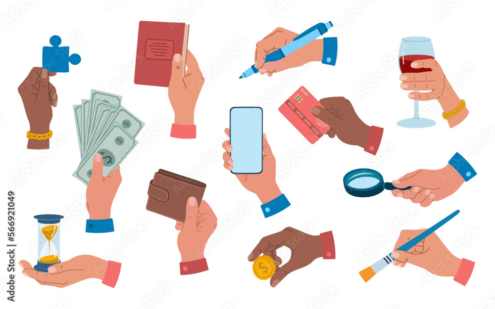 Set of human hands holding different stuff, phone, credit card, coin, wine glass, loupe, pen, banknotes, wallet, book. Hand drawn vector illustration isolated on white background, flat cartoon style.