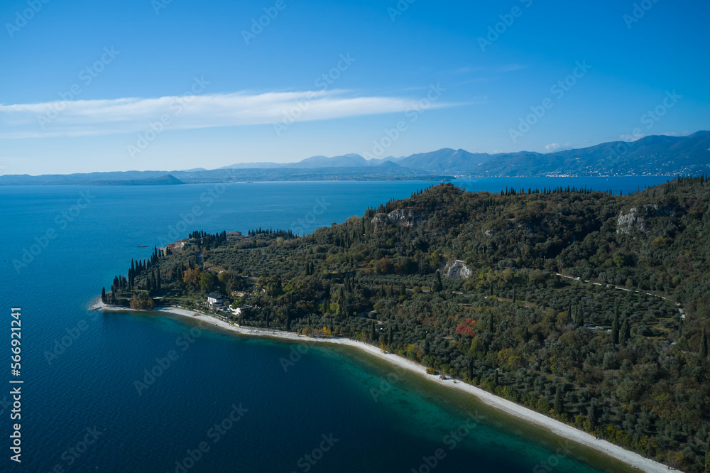 Punta San Vigilio, aerial drone view. Lake Garda scenery, northern Italy.