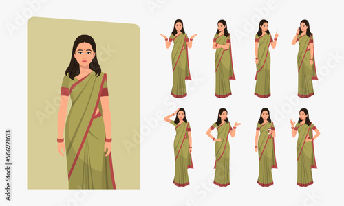 Indian Woman Wearing Saree, Character Different poses and emotions