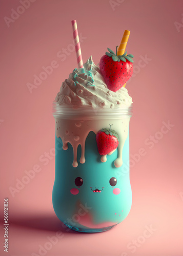 Illustration of a milkshake glass with assorted flavors on a pink background. Generative AI.
