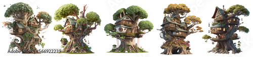 Set of 3D Tree House and Home Design Illustration, Home Design Ideas, Generative Ai