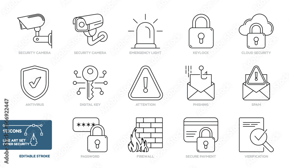 Line Art Collection Of Cyber Security Icons Set - Different Vector Illustrations Isolated On White Background Line Art Collection Of Cyber Security Icons Set - Different Vector Illustrations Isolated On White Background