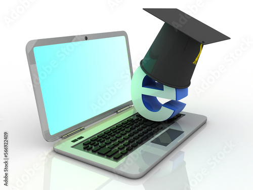 3d illustration Network community concept . graduate cap in e mail sign near laptop