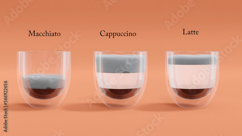 3D illustration of coffee types including macchiato, cappuccino, and latte with different mixing ingredient of ratios of expresso, milk, and milk foam in transparented double wall glass. Episode 2. photo