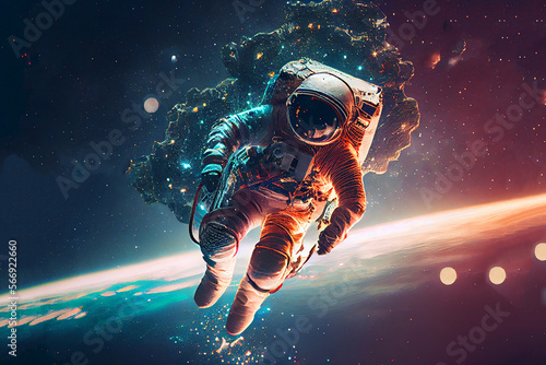 Astronaut floating through endless space. Generative AI 
