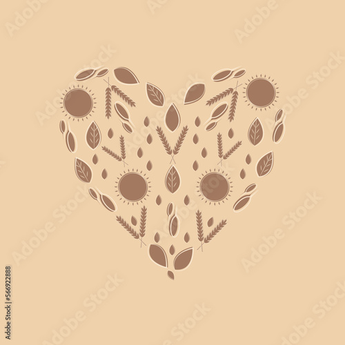 Composition like a heart from wheat ears, seeds, sun and leaves on a beige background. This maybe decoration for market, cafe, restaurant, paper, wallpaper.