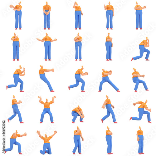 Wallpaper Mural character woman orange shirt blue pants doing activities, 3d rendering Torontodigital.ca