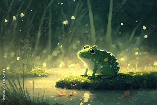 green little sweet frog sitting on a pond at nightime, children book illustration, ai art, watercolor painting © Conner2k