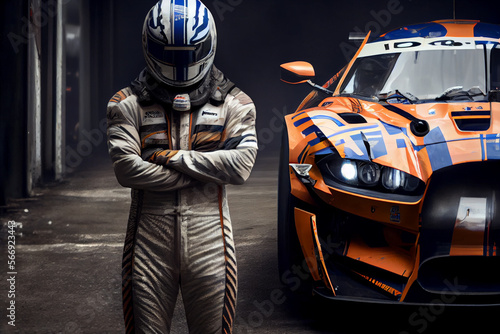 Driver standing next to high performance race car, generative art