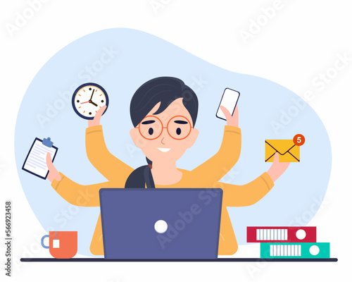 Multitasking business woman working in the workplace with many hands, productivity concept.